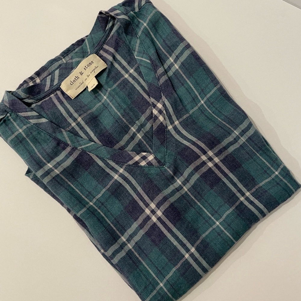 Cloth & Stone Womens Top Shirt Plaid Blue Green Small Short Sleeve XS